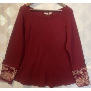 CHICO'S ZYNERGY Cranberry Red Paisley Contrast Thermal Waffle Knit Top 3 XL